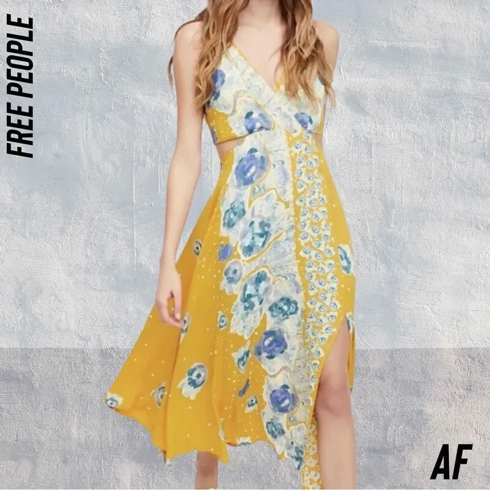 Free People Yellow Floral Maxi Dress with Blue Accents
